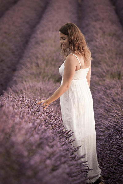 Woman in a lavender field. Plateau de Valensole, Alpes-de-Haute-Provence, Provence-Alpes-Côte d'Azur, France, Europe.