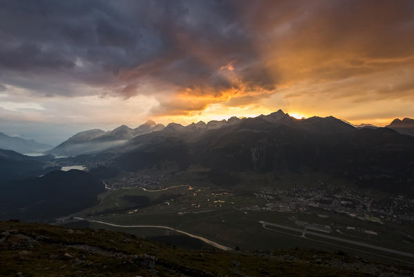 Sunset sunrays. Samedan,  Engadin, Switzerland.