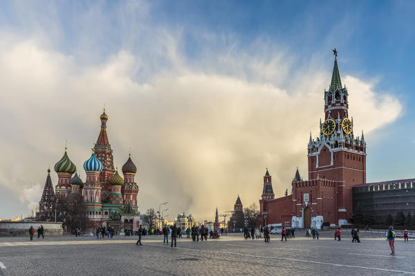 Russia, Moscow, Red Square, Kremlin, St. Basils Cathedral and Kremlin Spasskaya Tower