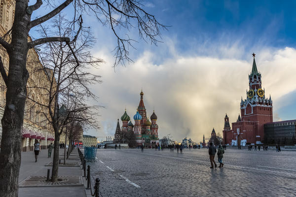 Russia, Moscow, Red Square, Kremlin, St. Basils Cathedral and Kremlin Spasskaya Tower