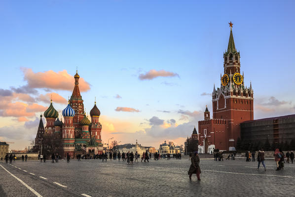 Russia, Moscow, Red Square, Kremlin, St. Basil's Cathedral and Kremlin Spasskaya Tower