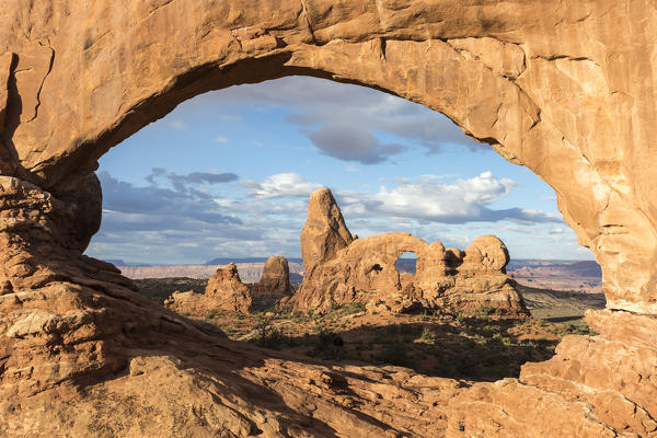 Turret Arch seen from North Window. Arches National Park, Moab, Grand County, Utah, USA.