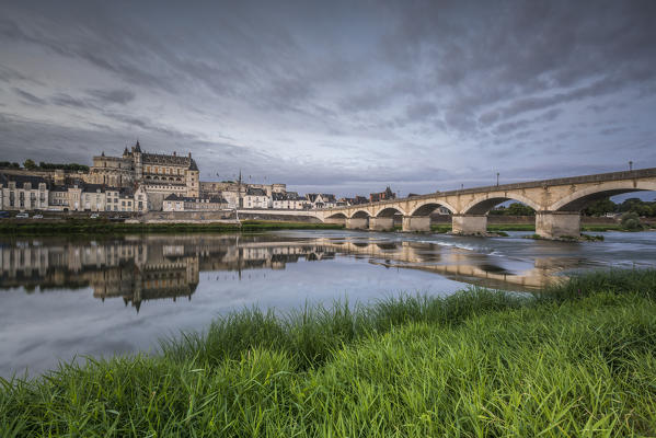 Castle and bridge reflection. Amboise, Indre-et-Loire, France.