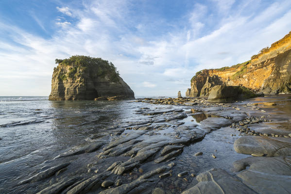 Rock formations at the Three Sisters. Tongaporutu, New Plymouth district. Taranaki region, North Island, New Zealand.