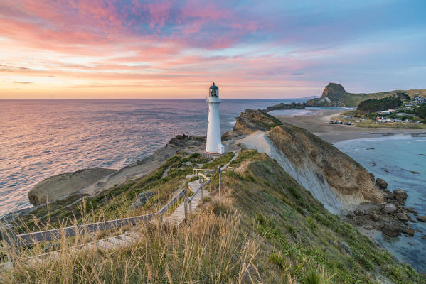Castlepoint lighthouse at dawn. Castlepoint, Wairarapa region, North Island, New Zealand.