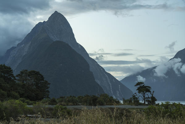 Mitre Peak at dusk. Milford Sound, Fiordland NP, Southland district, Southland region, South Island, New Zealand.
