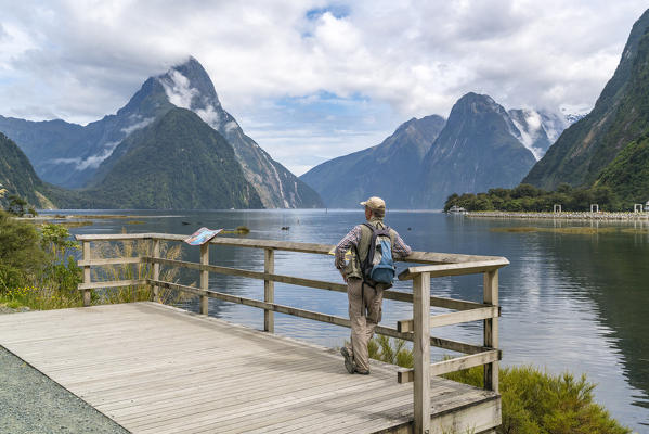 Man admiring Milford Sound in summer. Fiordland NP, Southland district, Southland region, South Island, New Zealand.