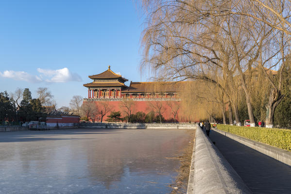 Frozen water in the moat of  the Forbidden City in winter. Beijing, People's Republic of China.