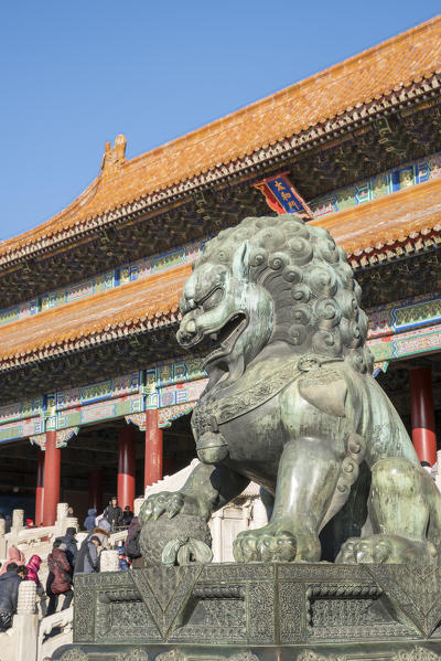 Bronze lion statue at the entrance of the Gate of Supreme Harmony, in the Forbidden City. Beijing, People's Republic of China.