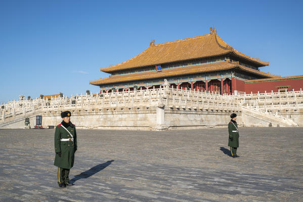 Miltary guards in front of the Hall of Supreme Harmony in the Forbidden City. Beijing, People's Republic of China.