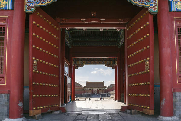 Eastern gate of the Hall of Preserving Harmony looking South. Forbidden City, Beijing, People's Republic of China.