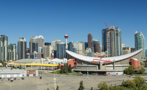 The Saddledome Stadium and skyline of Calgary, Alberta, Canada