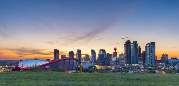 The Saddledome Stadium and skyline of Calgary, Alberta, Canada