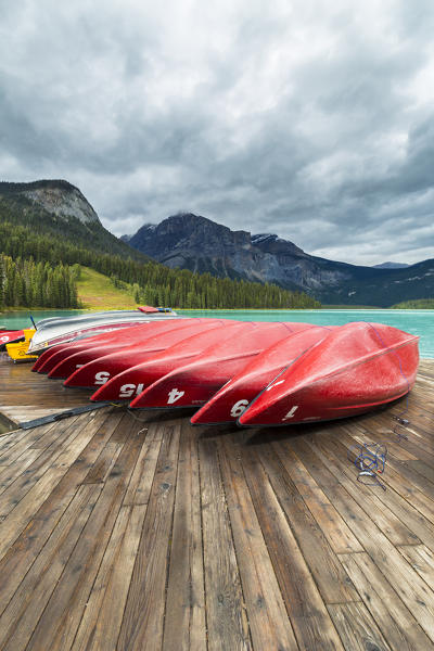 Rental canoes in Emerald Lake, Yoho National Park, Field, British Columbia, Canada