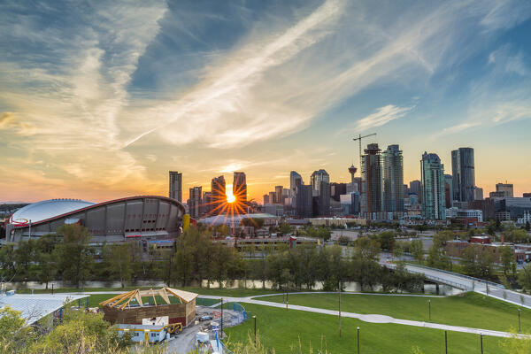 The Saddledome Stadium and skyline of Calgary, Alberta, Canada