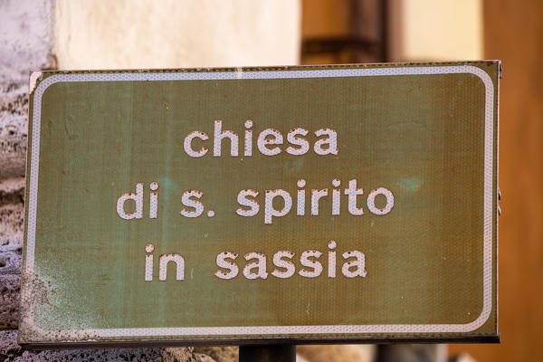 A modern signs indicates the Church of the Holy Spirit in the Saxon District
Europe, Italy, Lazio, Province of Rome, Rome