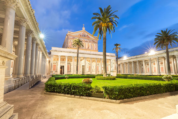 Italy, Lazio, Province of Rome, Rome. The cloister of Basilica of Saint Paul Outside the Walls at dusk