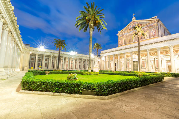 Italy, Lazio, Province of Rome, Rome. The cloister of Basilica of Saint Paul Outside the Walls at dusk