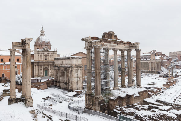 Ruins of Roman Forum covered by the snow after the great snowfall of Rome in 2018
Europe, Italy, Lazio, Province of Rome, Rome