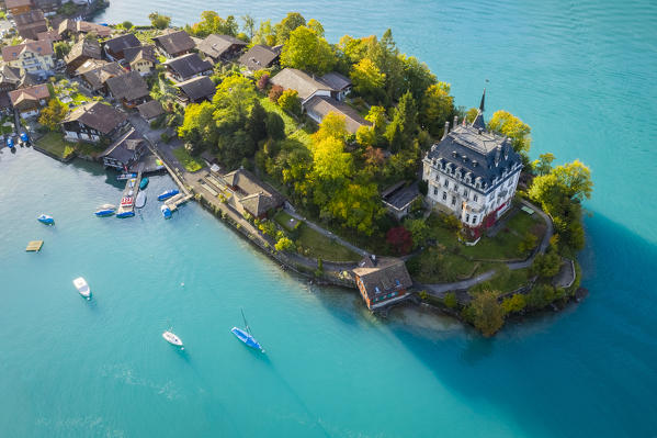 Aerial view of the village of Iseltwald and it's peninsula with the old Castle during an autumnal sunset on Lake Brienz. Iseltwald, Lake Brienz, Bernese Oberland, Interlaken-Oberhasli district, Canton of Bern, Switzerland.