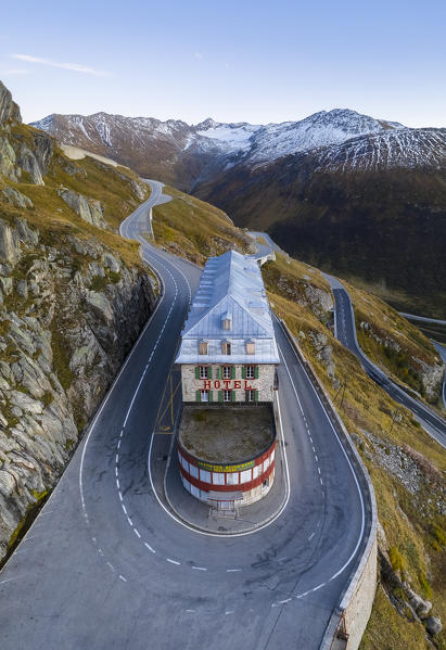 Aerial view of the Belvedere Hotel and the Furka Pass road,  famous for a scene of the James Bond film Goldfinger, a high mountain pass in the Swiss Alps connecting Gletsch, Valais with Realp, Uri. Obergoms, Canton of Valais, Swiss Alps, Switzerland.