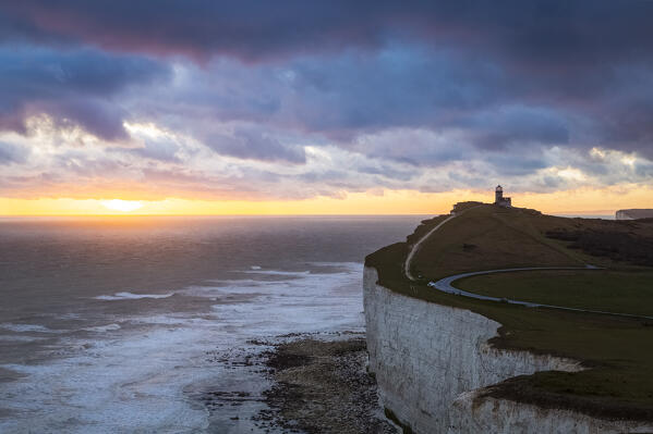 View of the Belle Tout lighthouse at sunset. Beachy Head, Eastbourne, East Sussex, southern England, United Kingdom.