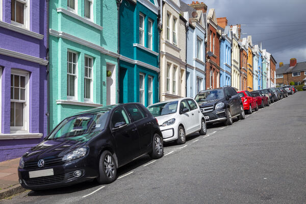 View of the colorful houses in Blaker street, Brighton, East Sussex, Southern England, United Kingdom.