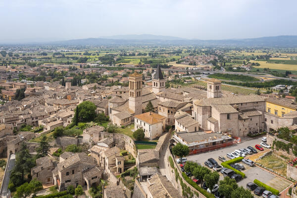Aerial view of the town of Spello in spring. Spello, Perugia district, Umbria, Italy, Europe.