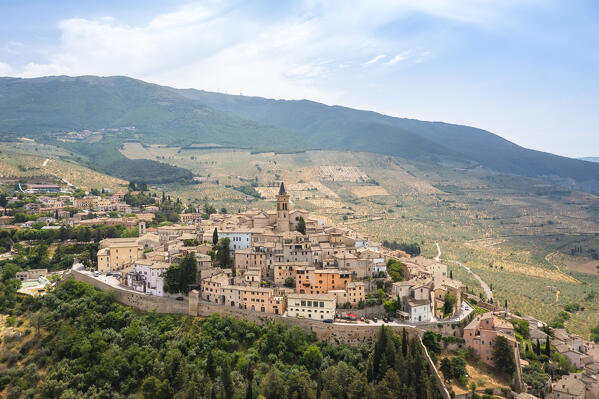 Aerial view of the town of Trevi in spring. Trevi, Perugia district, Umbria, Italy, Europe.