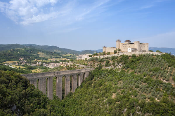Aerial view of the Rocca Albornoziana fortress and the aqueduct of Spoleto. Spoleto, Perugia district, Umbria, Italy, Europe.