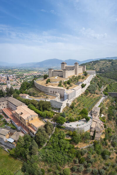 Aerial view of the Rocca Albornoziana fortress and the aqueduct of Spoleto. Spoleto, Perugia district, Umbria, Italy, Europe.