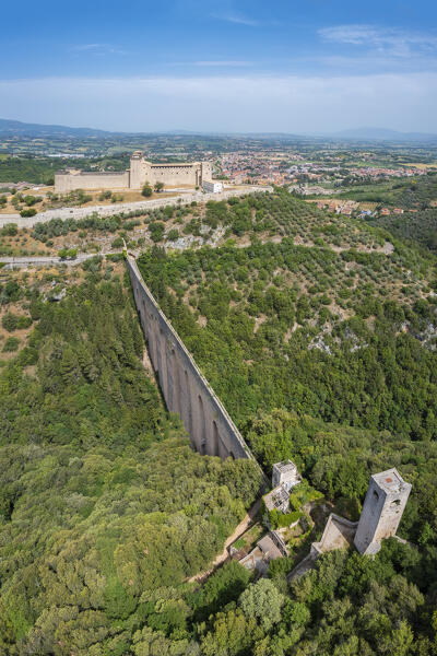 Aerial view of the Rocca Albornoziana fortress and the aqueduct of Spoleto. Spoleto, Perugia district, Umbria, Italy, Europe.