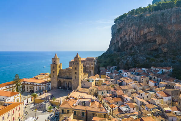 Aerial view of the ancient town of Cefalù, Unesco World Heritage site, Palermo district, Sicily, Italy.