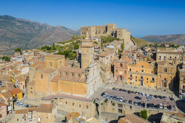 Aerial view of the ancient church and castle of Caccamo, Palermo district, Sicily, Italy.