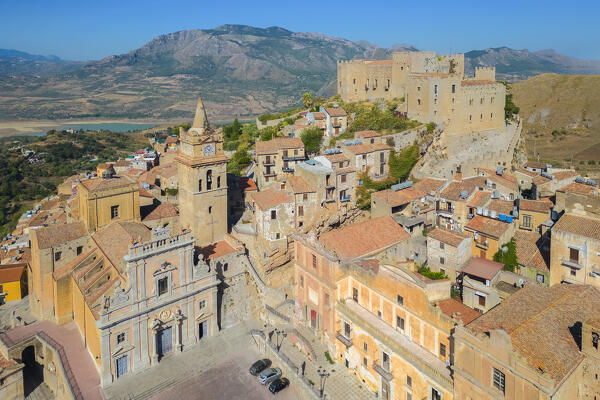 Aerial view of the ancient church and castle of Caccamo, Palermo district, Sicily, Italy.