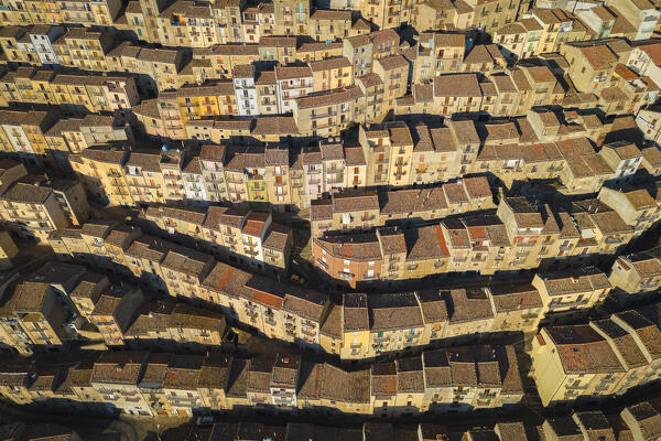 Aerial view of the labyrinthine houses of the old town of Gangi, Palermo district, Sicily, Italy.