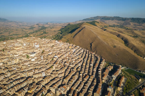 Aerial view of the labyrinthine houses of the old town of Gangi, Palermo district, Sicily, Italy.
