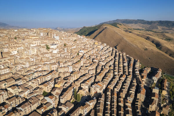 Aerial view of the ancient town of Gangi with its labyrinthic streets. Palermo district, Sicily, Italy.