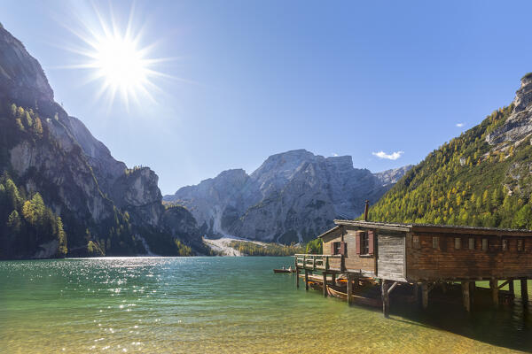 View of Braies lake in autumn season. Europe, Italy, South Tyrol, Braies valley, Bolzano province, Braies municipality.