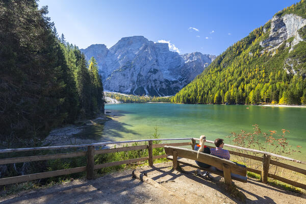 View of Braies lake in autumn season. Europe, Italy, South Tyrol, Braies valley, Bolzano province, Braies municipality.