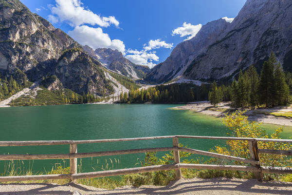 View of Braies lake in autumn season. Europe, Italy, South Tyrol, Braies valley, Bolzano province, Braies municipality.