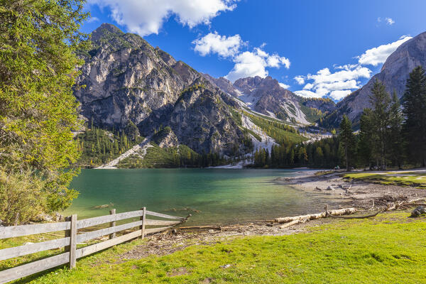 View of Braies lake in autumn season. Europe, Italy, South Tyrol, Braies valley, Bolzano province, Braies municipality.