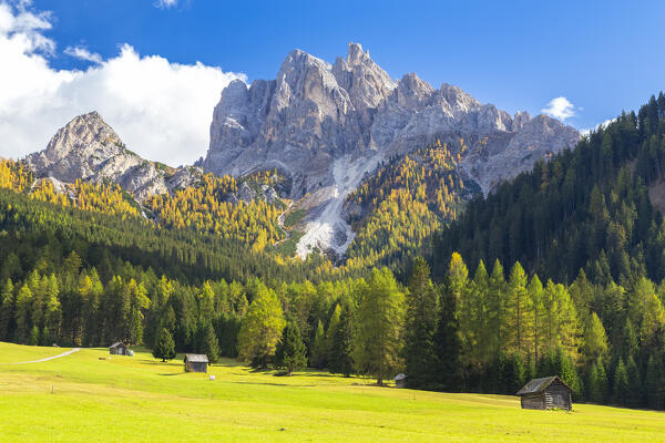View of Picco di Vallandro in autumn season. Europe, Italy, South Tyrol, Braies valley, Bolzano province, Braies municipality.