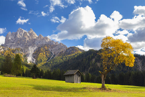 View of Picco di Vallandro in autumn season. Europe, Italy, South Tyrol, Braies valley, Bolzano province, Braies municipality.