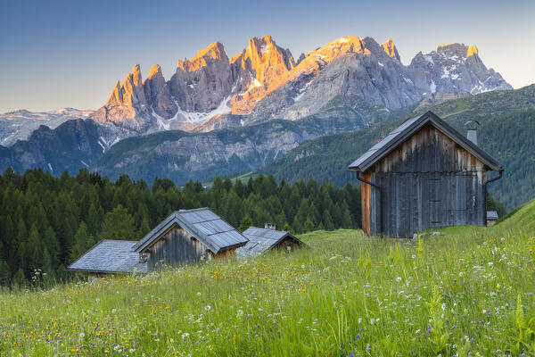 View of the Pale di San Martino Fuciade. San Pellegrino pass, Dolomites, Trento province, Trentino Alto Adige, Italy, Europe.