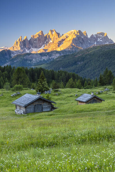 View of the Pale di San Martino Fuciade. San Pellegrino pass, Dolomites, Trento province, Trentino Alto Adige, Italy, Europe.