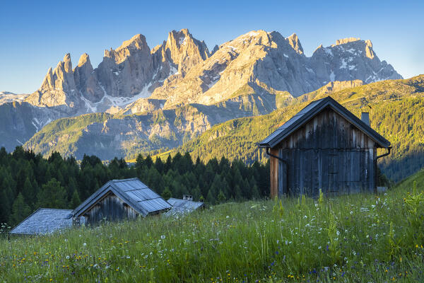 View of the Pale di San Martino Fuciade. San Pellegrino pass, Dolomites, Trento province, Trentino Alto Adige, Italy, Europe.