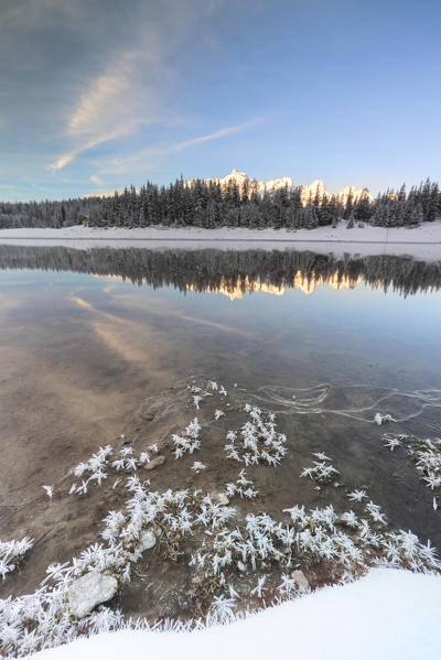 Ice crystals on the frozen surface of Lake Palù, Malenco Valley, Sondrio province, Valtellina, Lombardy, Italy