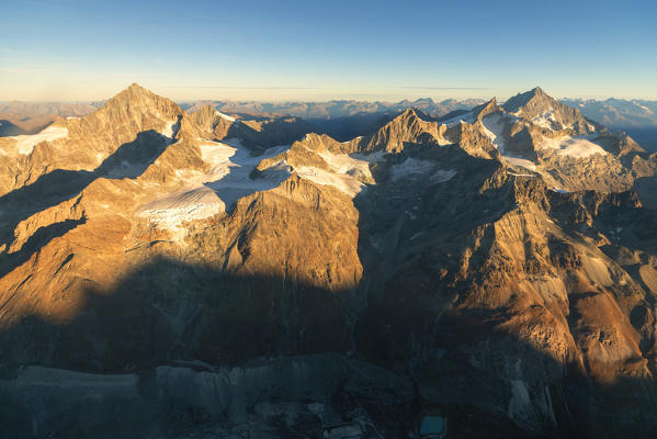 Aerial view of the rocky peaks Dent Blanche, Zinal and Weisshorn, Zermatt, canton of Valais, Switzerland