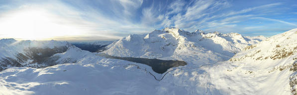 Panoramic of Lago Bianco and snowy peaks, Bernina Pass, Canton of Graubunden, Engadin, Switzerland